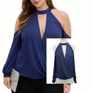 Lush Navy Blue Cold Shoulder Keyhole Halter Blouse Chic Party Top Womens M